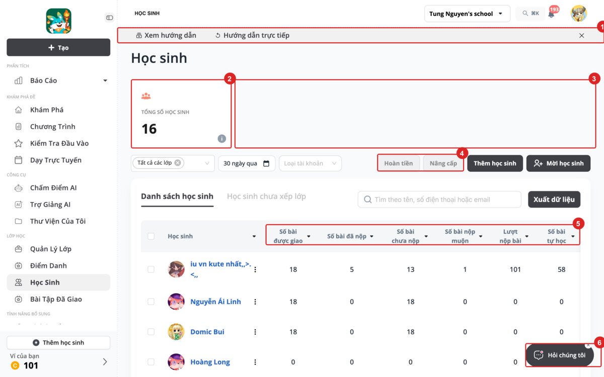 Trang Học sinh trên máy tính, có đánh số vấn đề