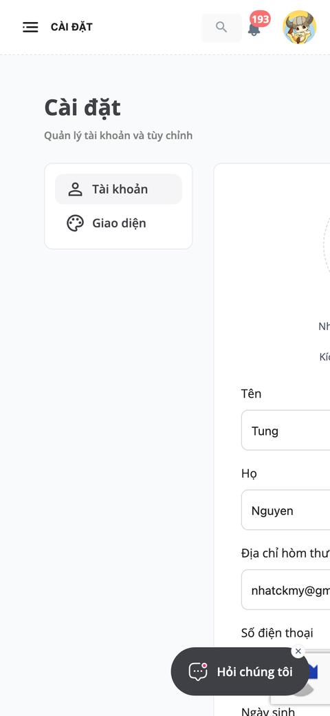 Cài đặt cá nhân trên điện thoại, form bị cắt