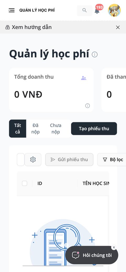 Quản lý học phí trên điện thoại