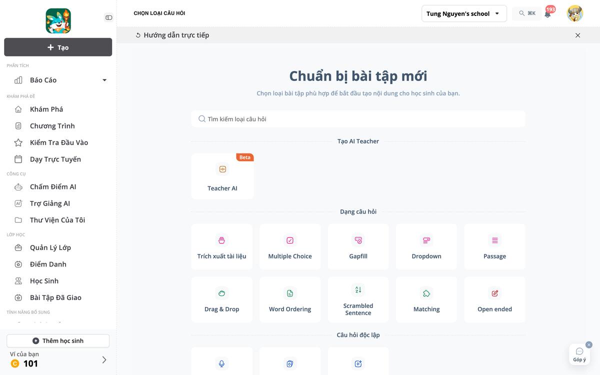 Màn Chuẩn bị bài tập mới sau khi bấm Tạo