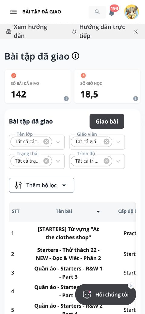 Bài tập đã giao trên điện thoại