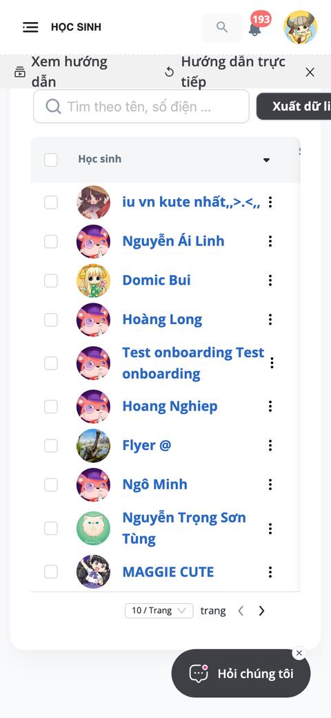 Trang Học sinh trên điện thoại, cuối danh sách