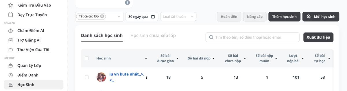 Thanh công cụ trang Học sinh