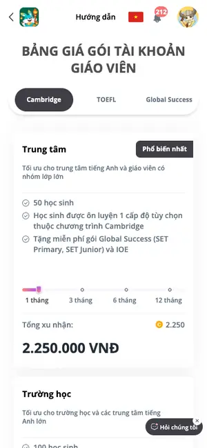 BẢNG GIÁ GÓI TÀI KHOẢN GIÁO VIÊN