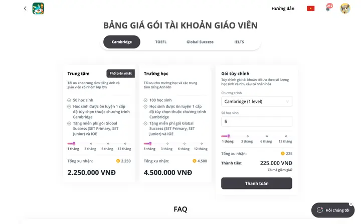 BẢNG GIÁ GÓI TÀI KHOẢN GIÁO VIÊN