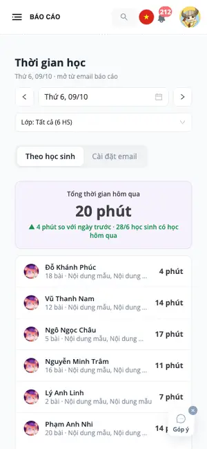 Thời gian học — hôm qua