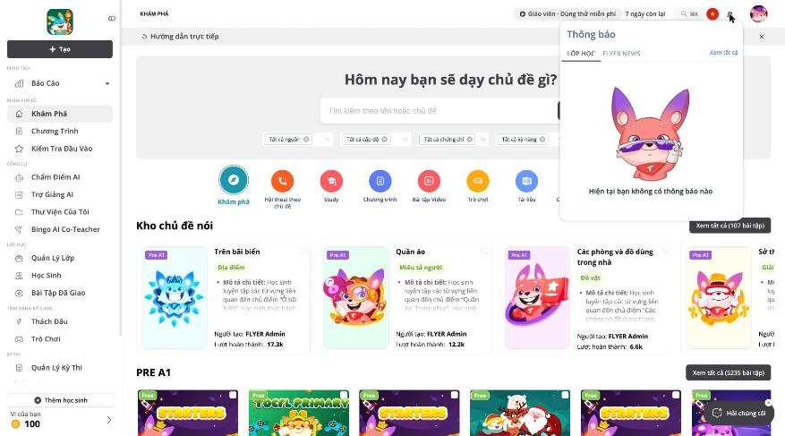 Popover chuông với hai tab Lớp học và FLYER News