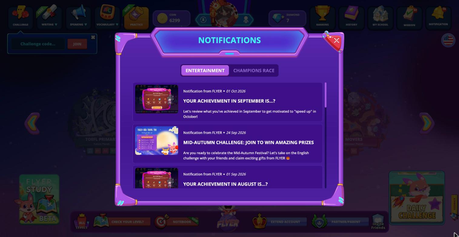 Bảng Notifications của học sinh, tab Entertainment với tin từ FLYER