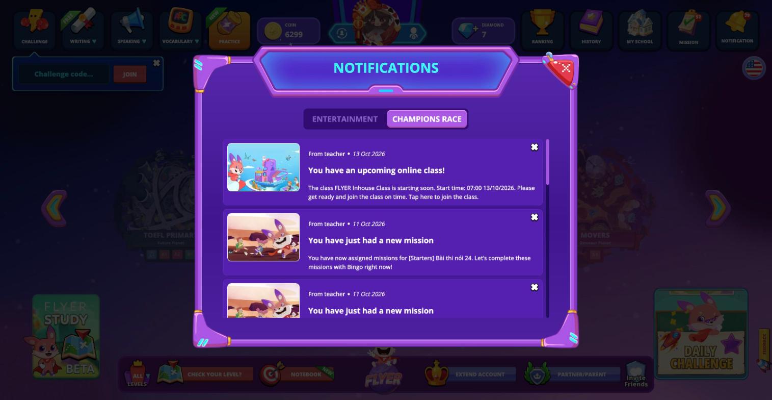 Bảng Notifications của học sinh, tab Champions Race